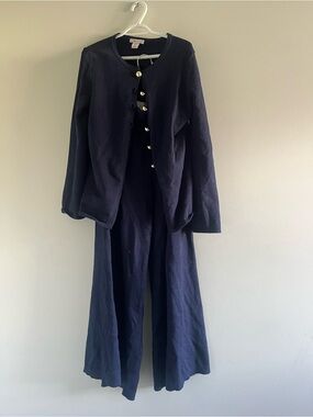 Sincerely Jules Navy Wide-Leg Knit Pants & Cardigan Set with Gold Buttons